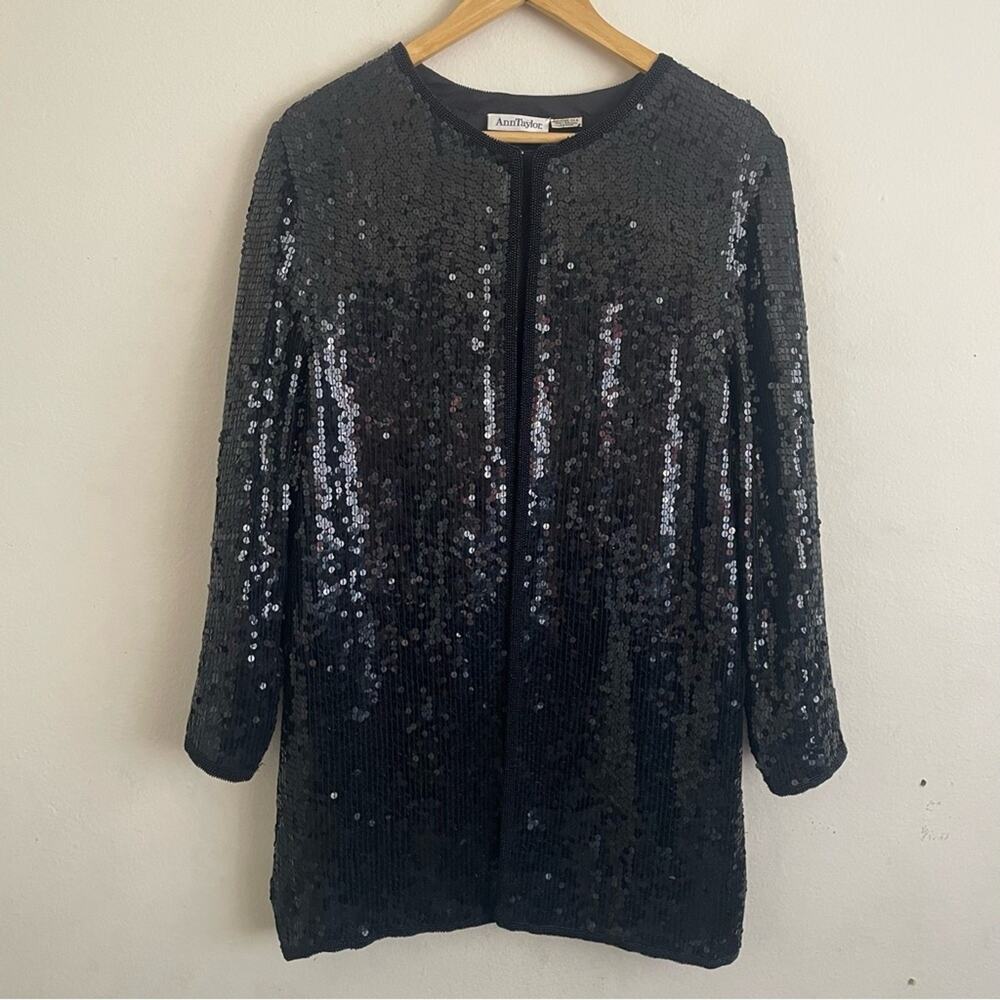 Ann Taylor Vintage Black Sequined Silk Jacket Size M Rayon Lined Elegant Classy